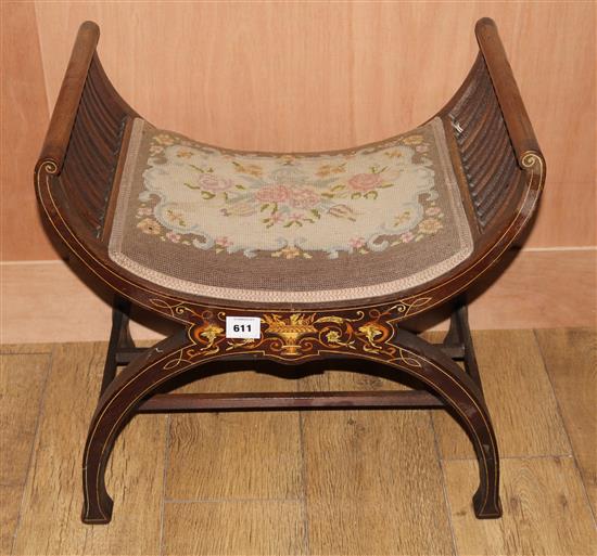 An Edwardian marquetry inlaid mahogany dressing stool, W.1ft 10in.